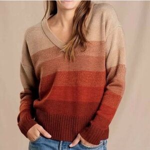 Toad&Co Deerweed Striped Ombre V-Neck Wool Fall Earthy Sweater Tan Orange Red